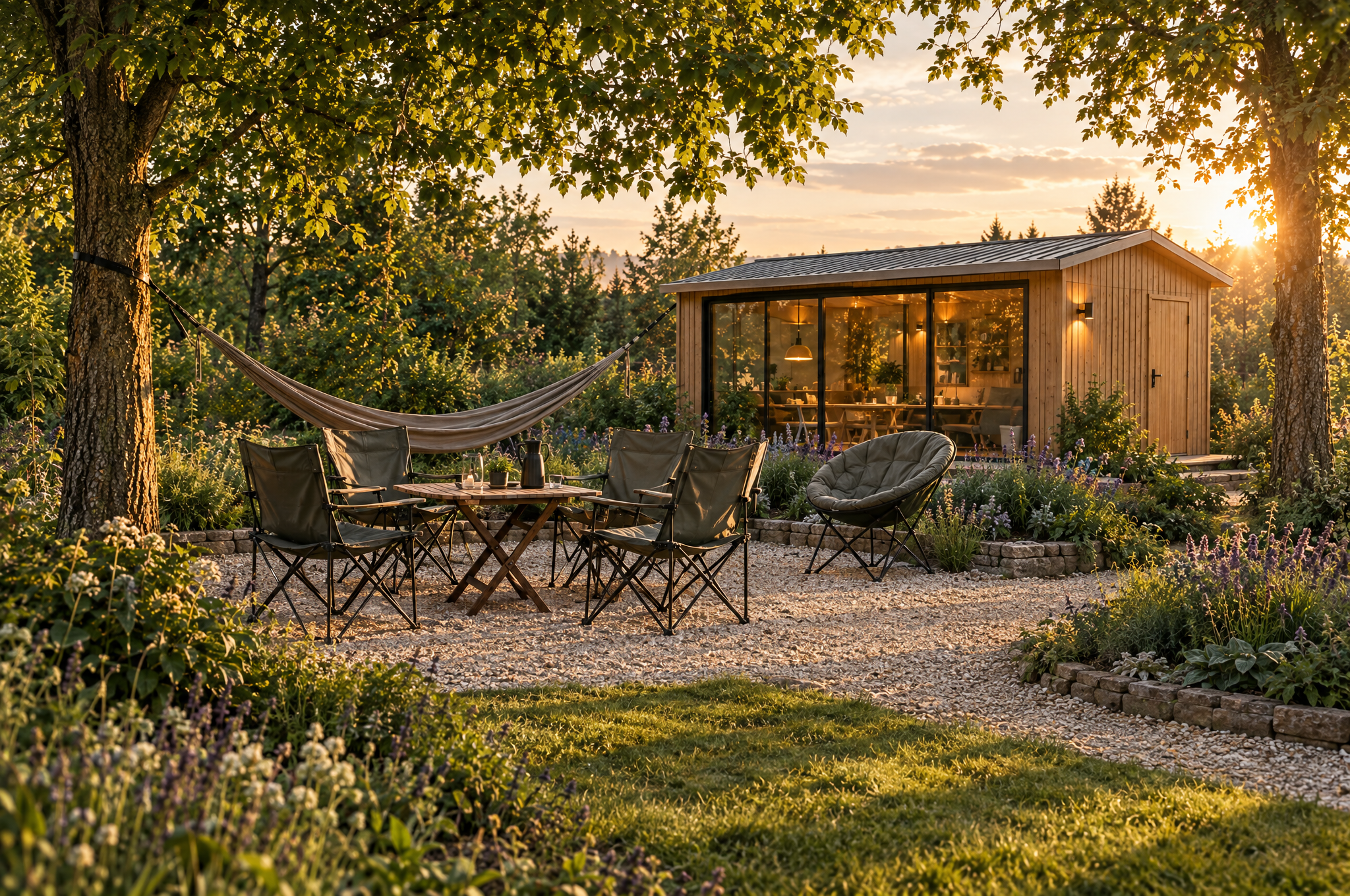 Camping-Lounge mit Klapptisch und Stühlen